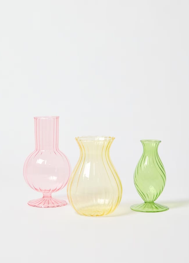 pink yellow and green OB Azul Glass Bud Vases Set of Three