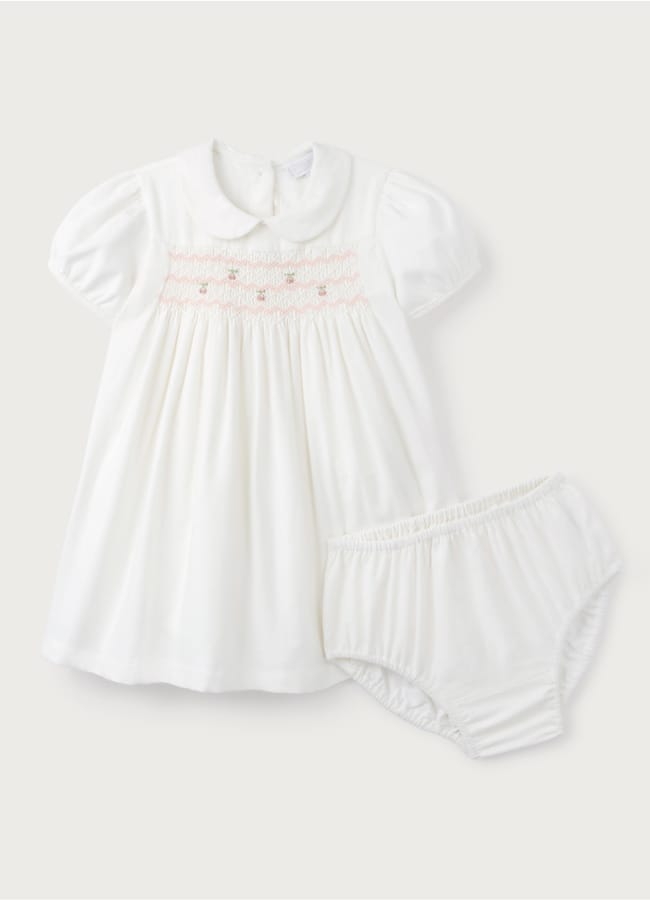 Organic Cotton Cherry Hand Smocked Cord Dress (0–18mths)