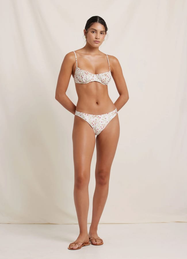 model in Peony Sweetpea Ruched Bikni