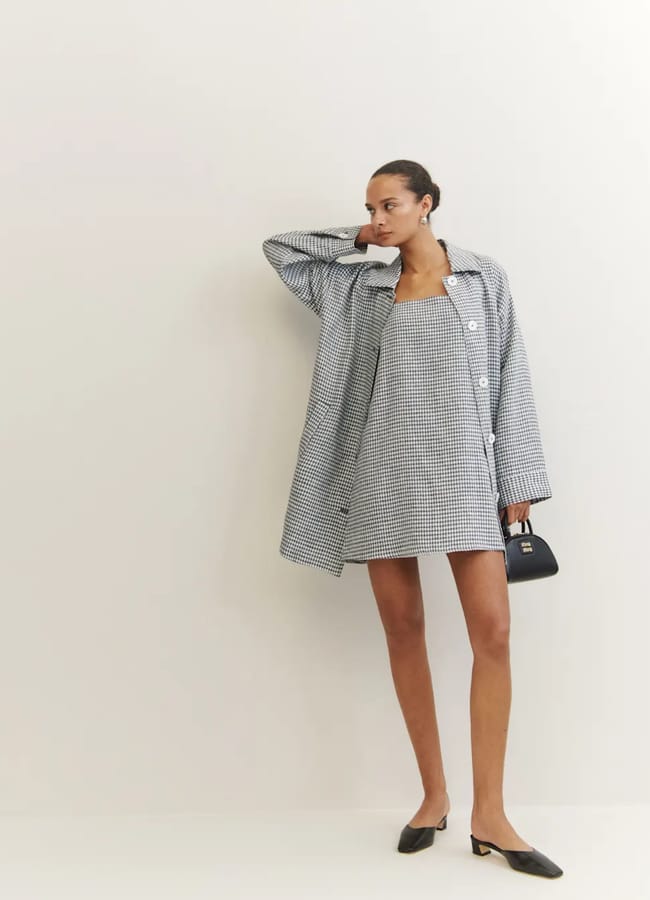 model wearing gingham Ref Aubree Linen Dress