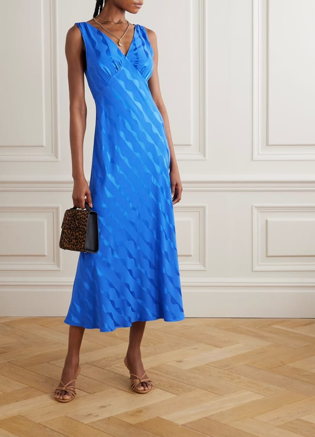 model wearing blue RIXO Sandrine satin-jacquard midi dress