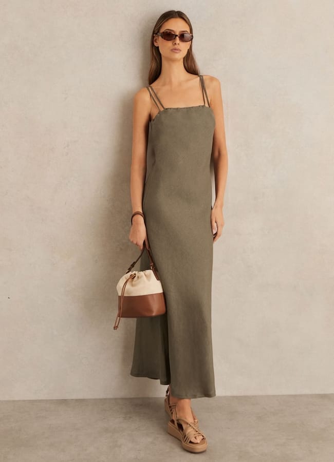Roxanne Linen Double-Strap Slip Dress in Khaki