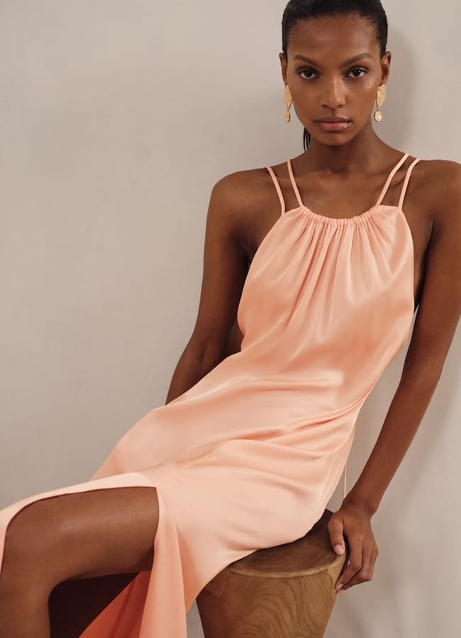 Tallie Satin Halterneck Maxi Dress in Peach