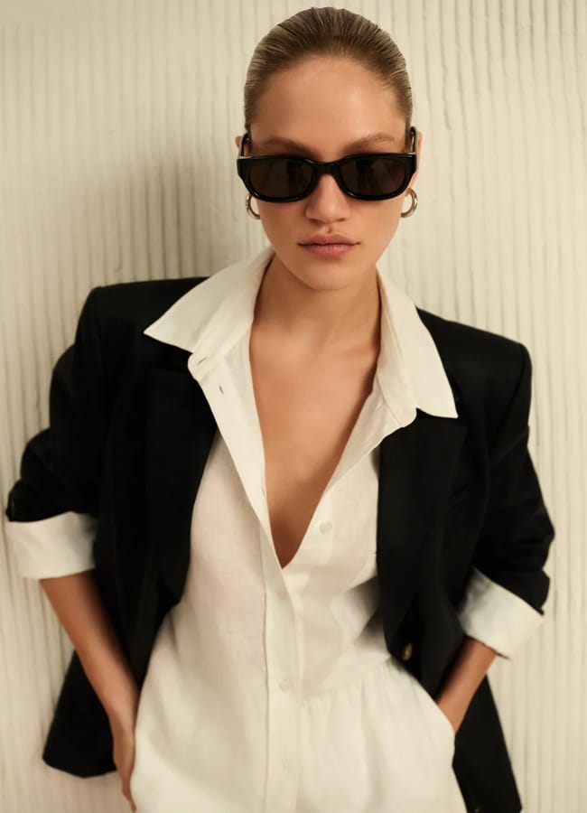 model wears Tuscany linen shirt and blazer
