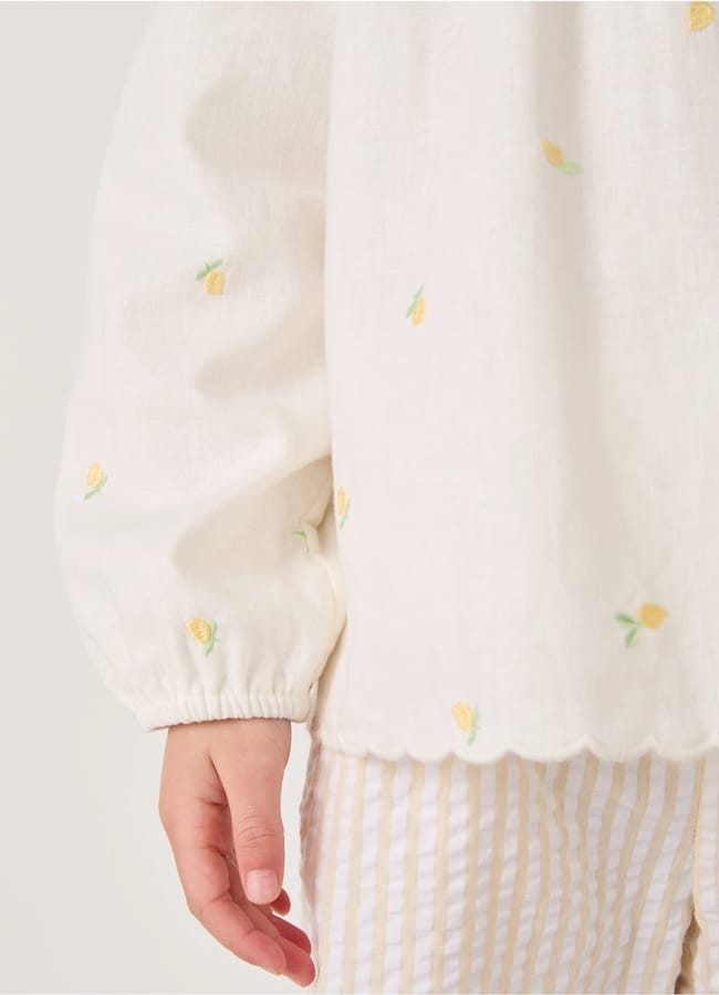 close up of Organic Cotton Linen Lemon Top & Seersucker Stripe Shorts Set