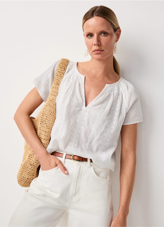 model wearing TWC Organic Cotton Medina Blouse