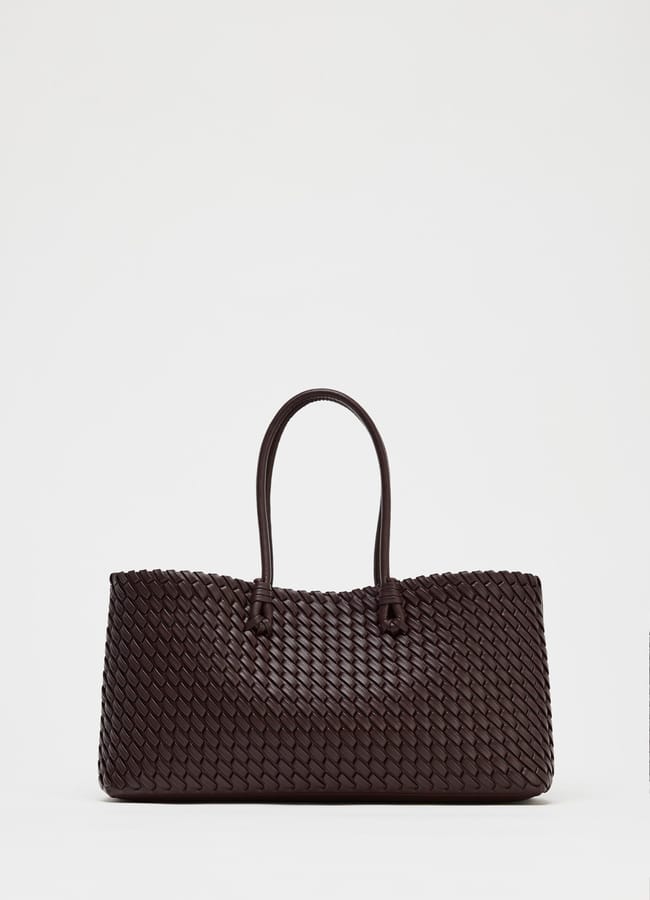 zara BRAIDED ELONGATED TOTE BAG in chocolate brown