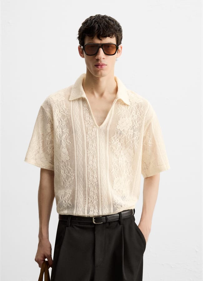 male model wearing zara JACQUARD TEXTURED POLO SHIRT