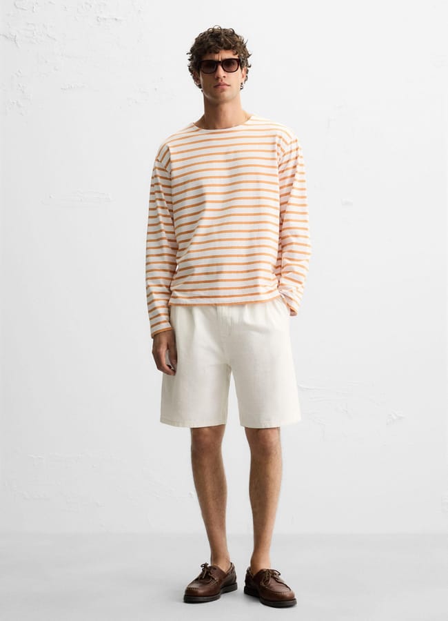 mal model wearing Zara STRIPED JACQUARD T-SHIRT