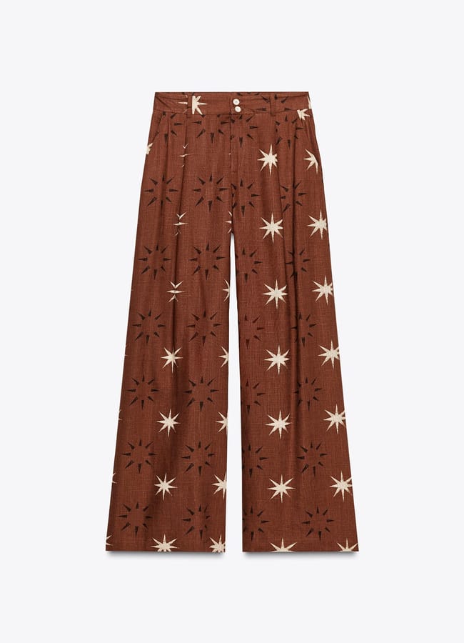 brown zara SUN PRINT WIDE-LEG LINEN BLEND TROUSERS