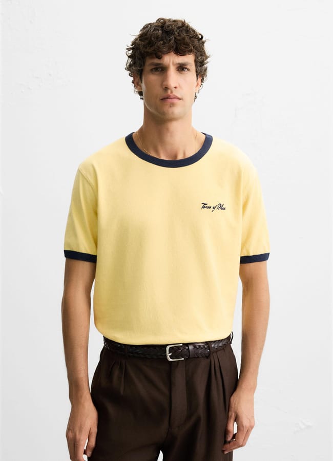 male model wearing yellow WASHED RIB EMBROIDERED T-SHIRT
