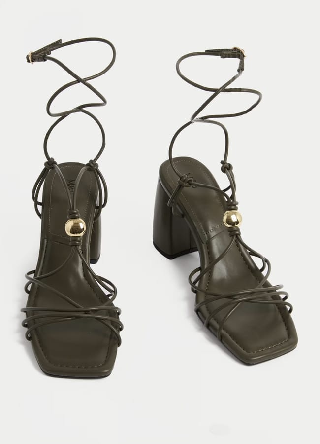 Beaded Trim Buckle Strappy Block Heel Sandals