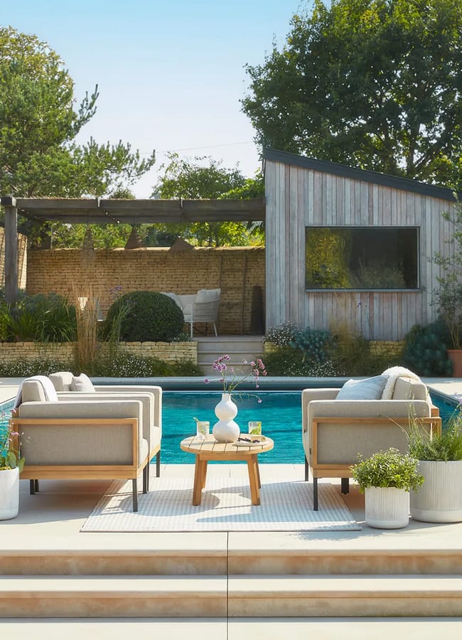 Cox & Cox Vichy Lounge Set outside by pool