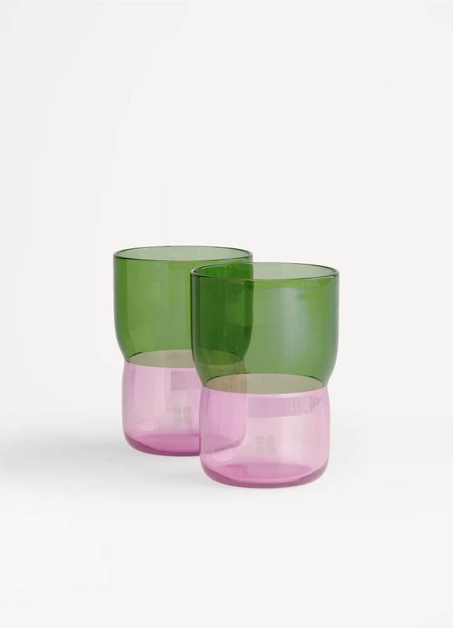 pink and green curved drinking glasses