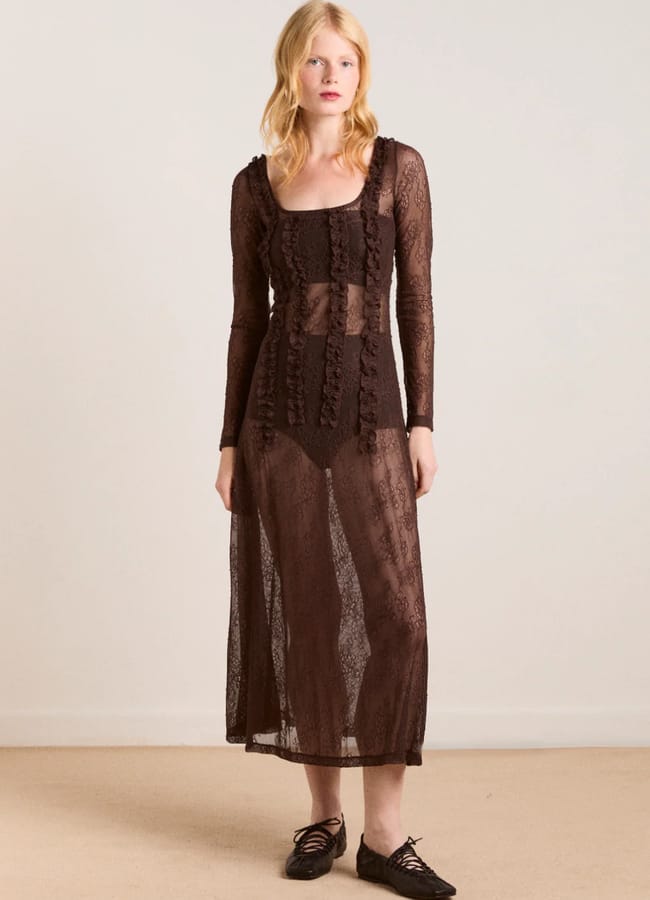 model wearing brown see through lace dress