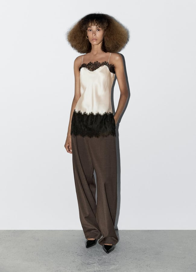 model wearing brown blac and cream MD Satin-effect camisole top