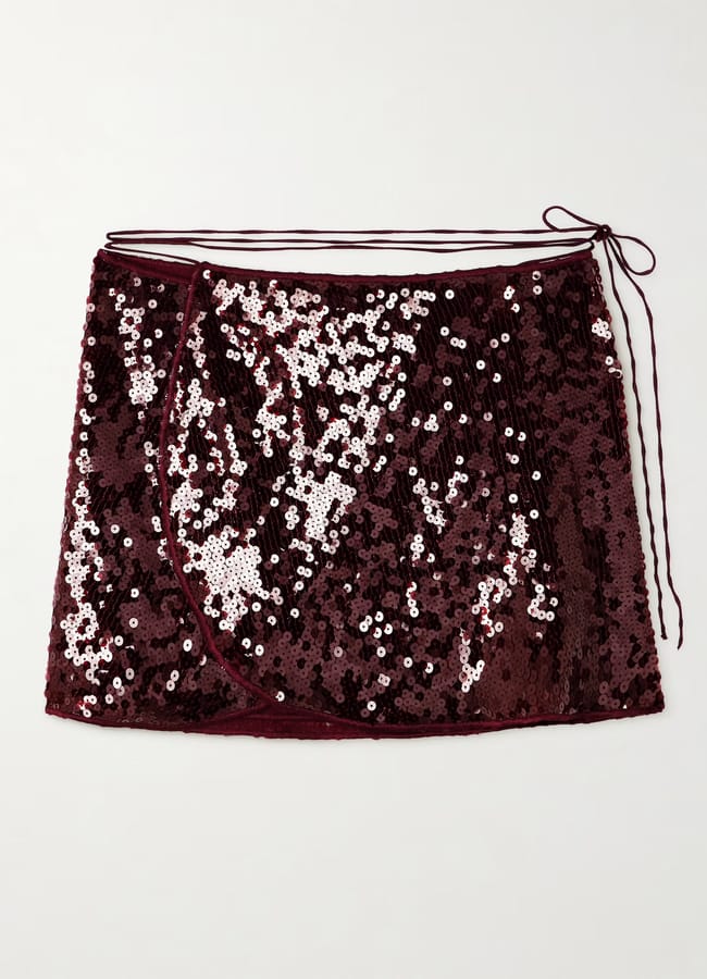OSÉREE Marylin sequinned tulle wrap mini skirt in brown