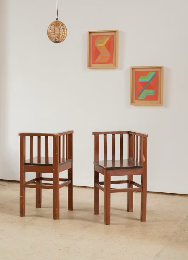 Pair of Wooden Corner Seats with Glossy Black Edge Stripe, C1920
