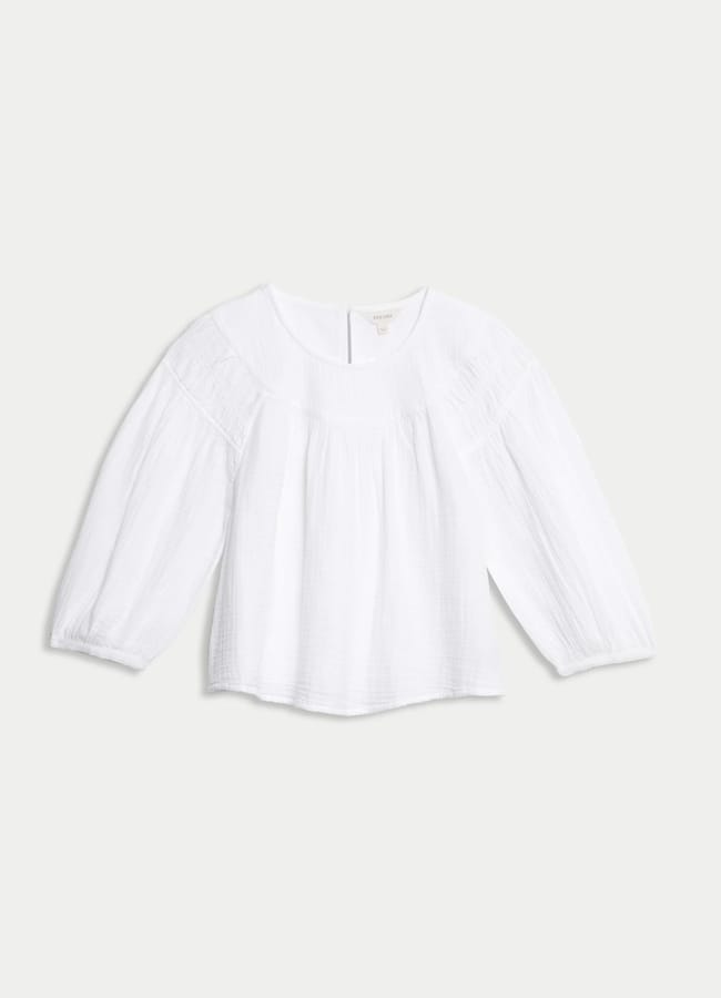 white Pure Cotton Blouson Sleeve Popover Blouse