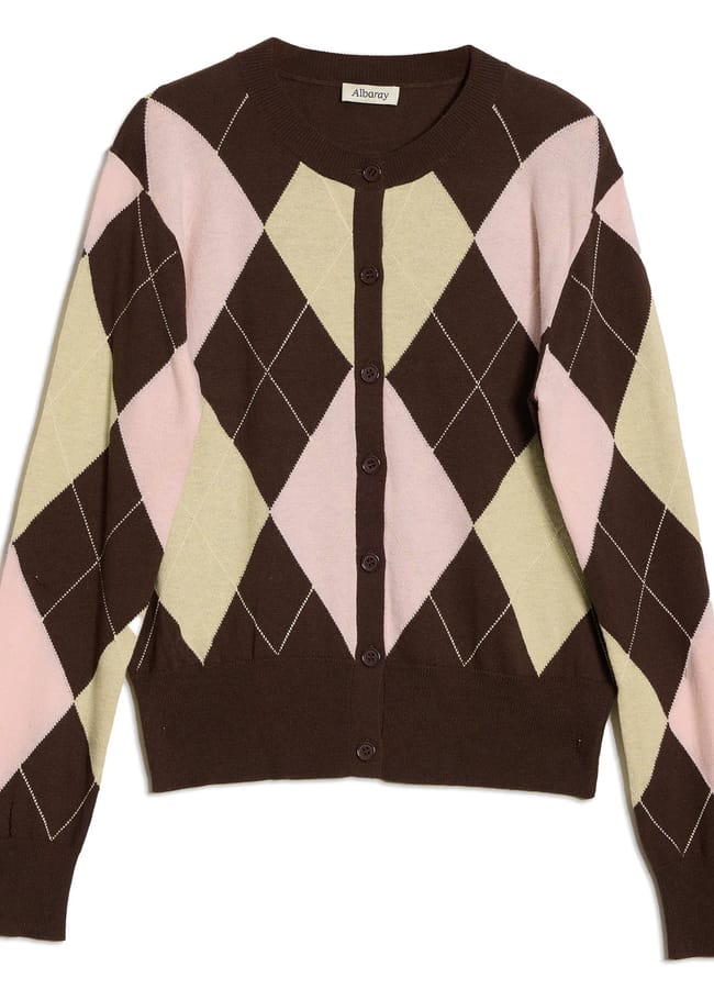 pink and brown argyle knit cardign