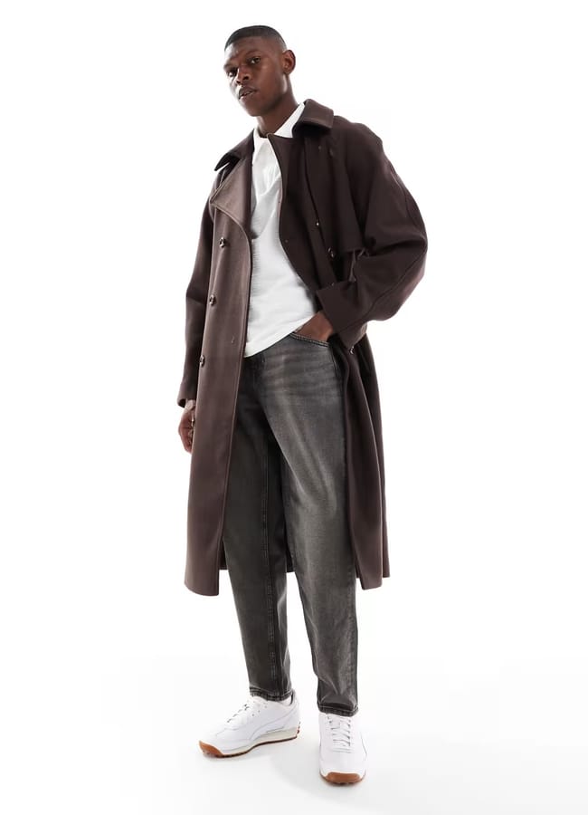 model wearing ASOS DESIGN wool look oversized overcoat in dark brown