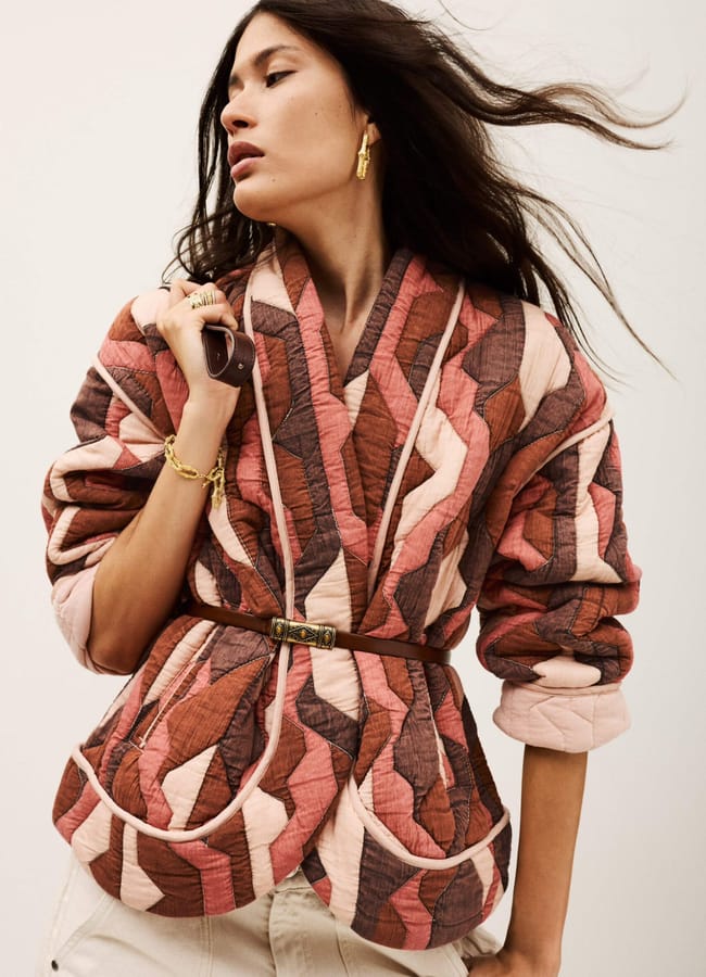 model wearing quilt4ed patchwork jacket