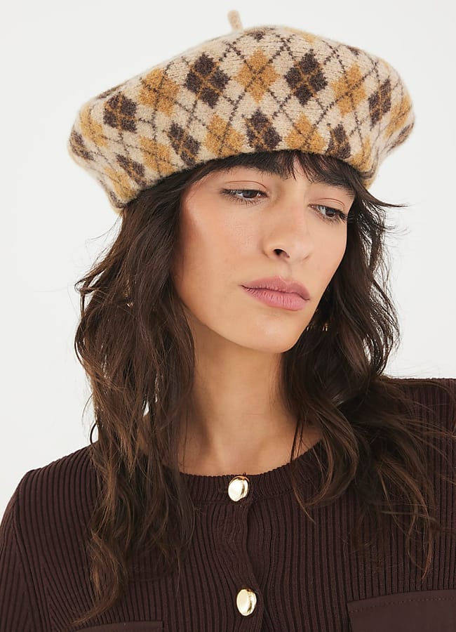 model wearing Beige Wool Argyle Beret