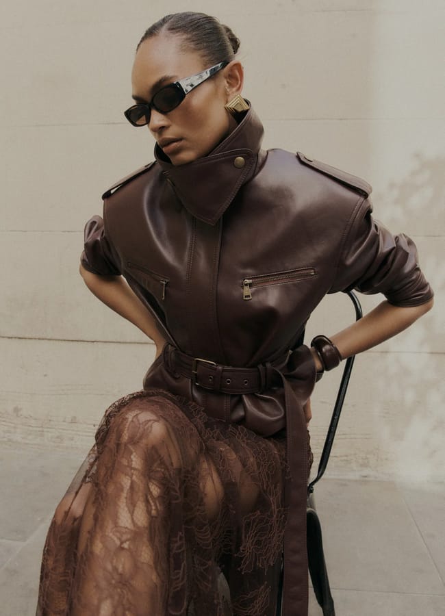 model in De Savary Burgundy Leather Cropped Jacket