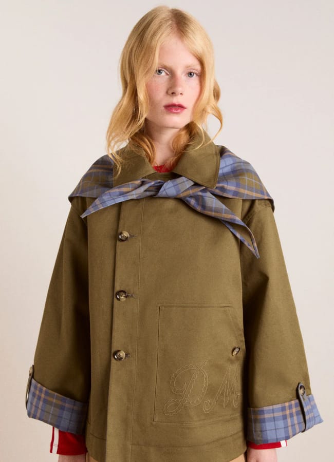 model wearing DM pre-order reversible jerry crop trench coat - olive