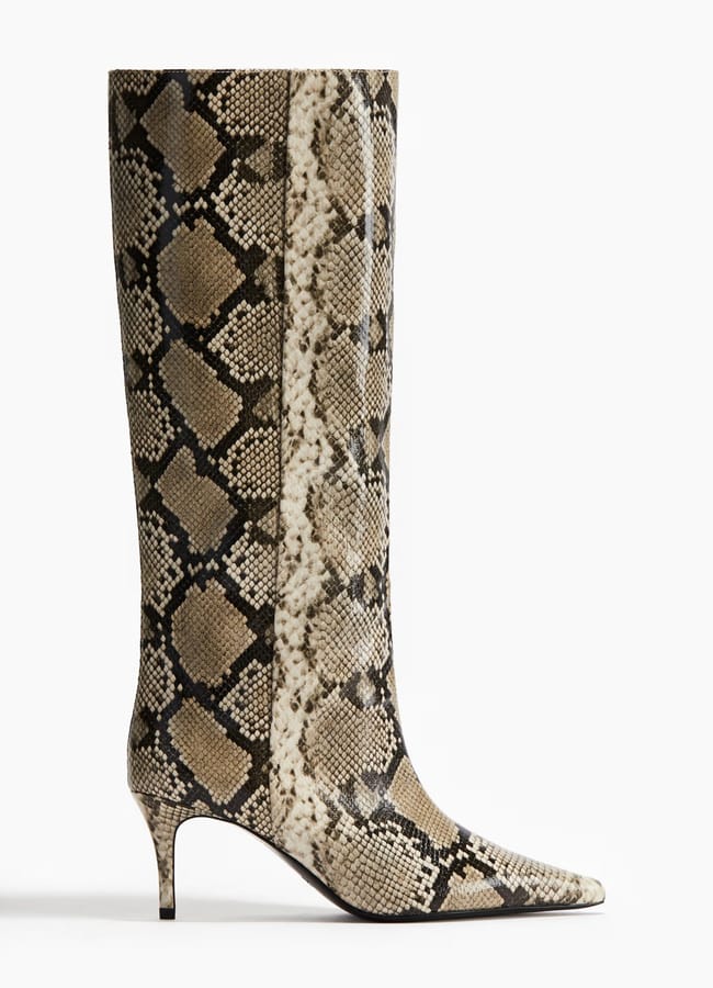 snake skin knee high boot