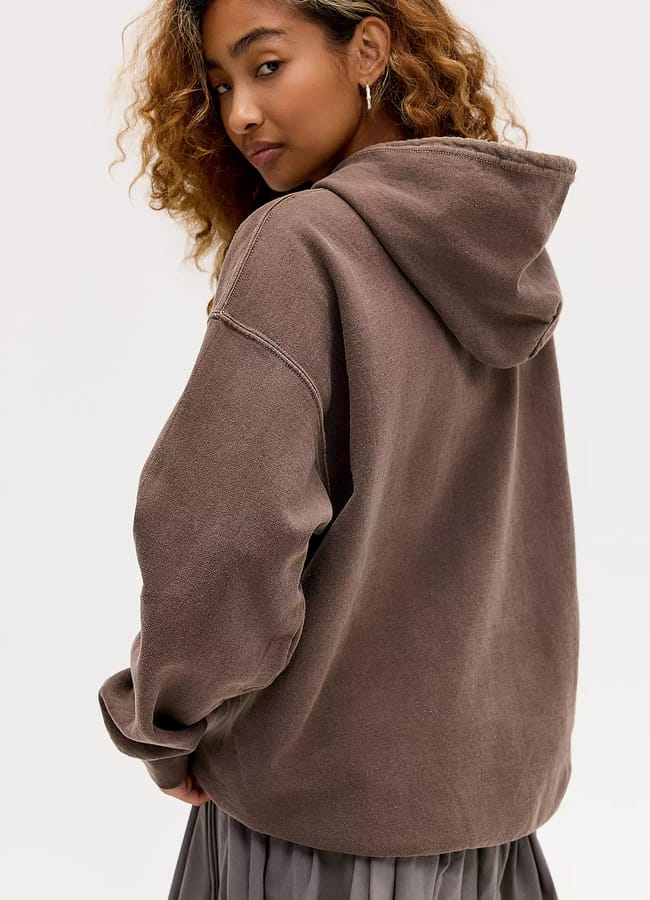 MODEL WEARING CHOCOLATE BROWN HOODIE