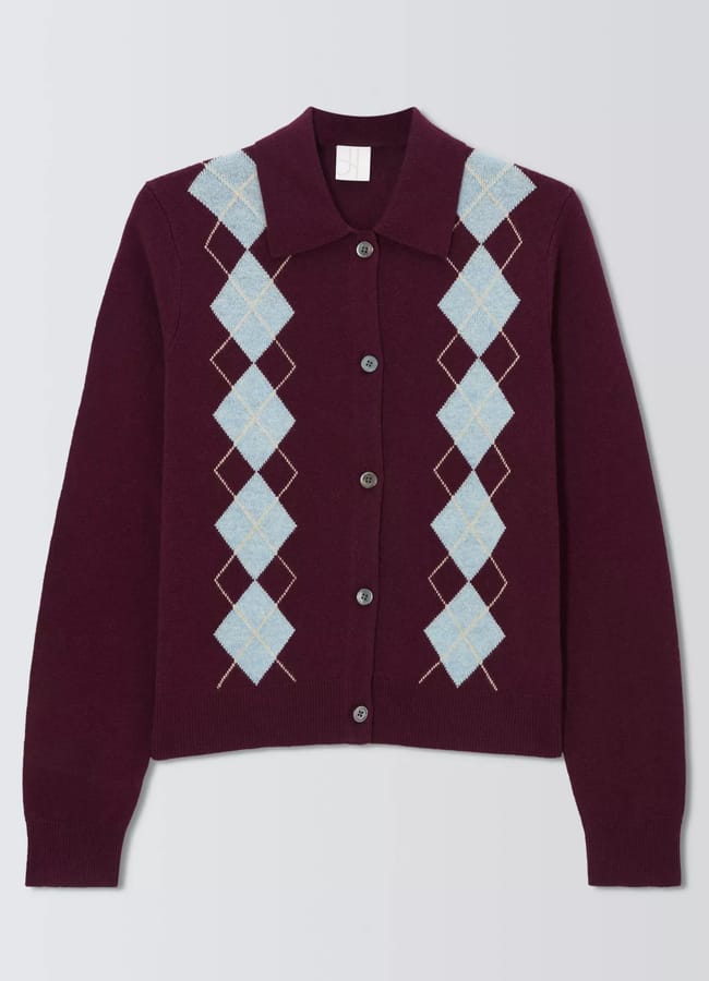 John Lewis Merino Wool Blend Collared Argyle Cardigan, Fig, 20