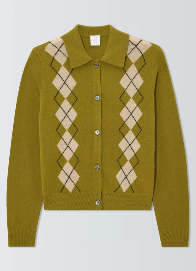 John Lewis Merino Wool Blend Collared Argyle Cardigan, Olive, 12
