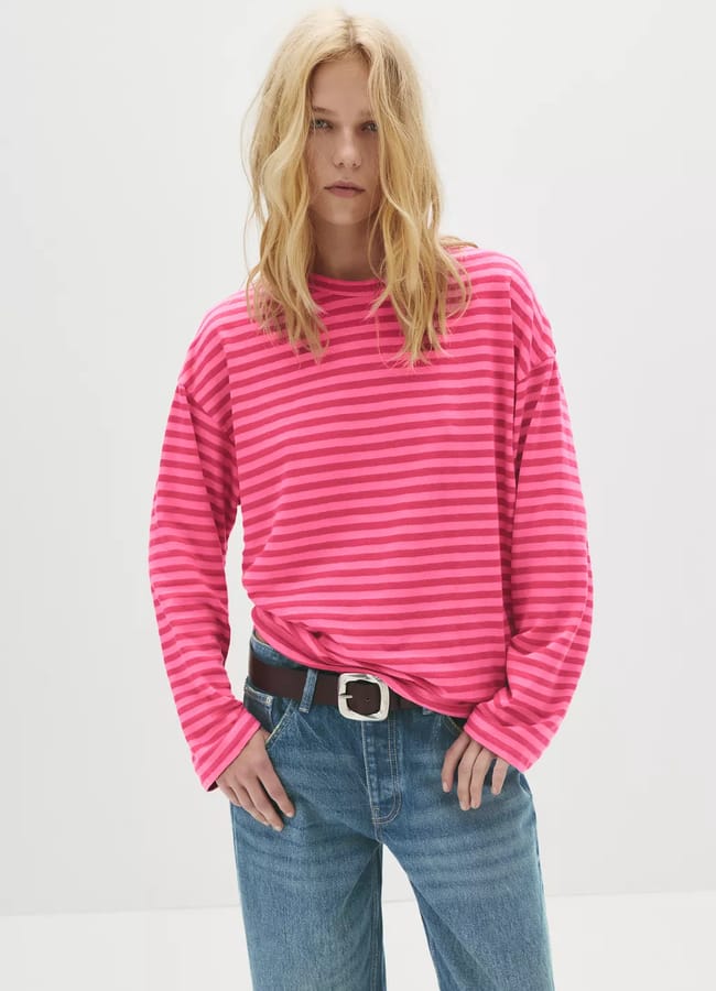 model wearing Long-sleeve striped T-shirt