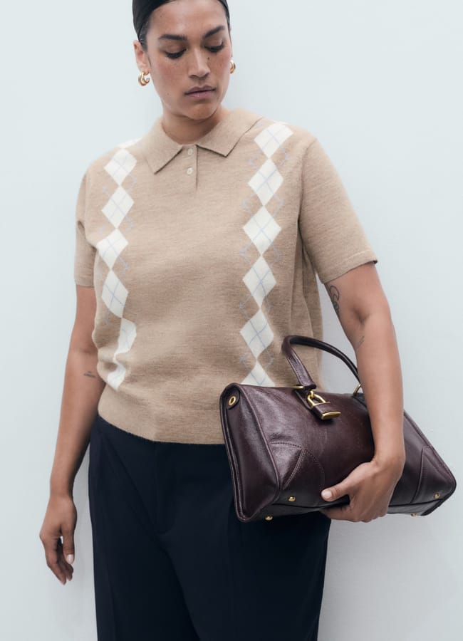 female model wearing mango Argyle polo neck sweater