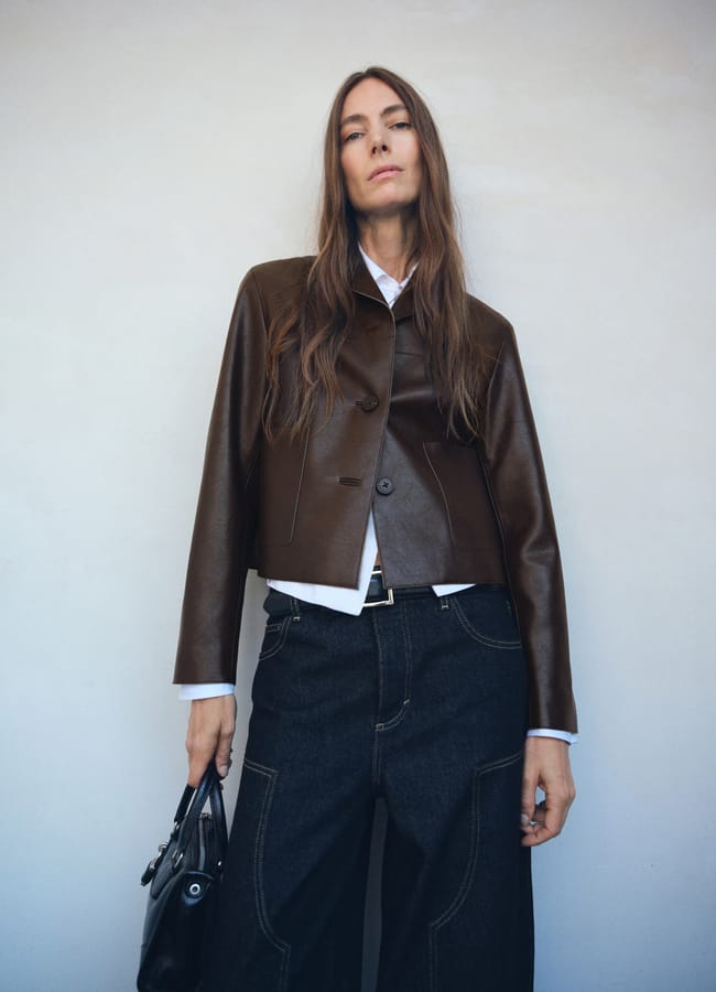 model wearing Mango Leather-effect jacket with pockets