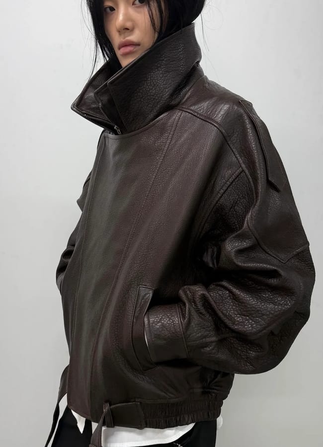 model wearing Marcéla Lonsdon Byra Leather Jacket Brown
