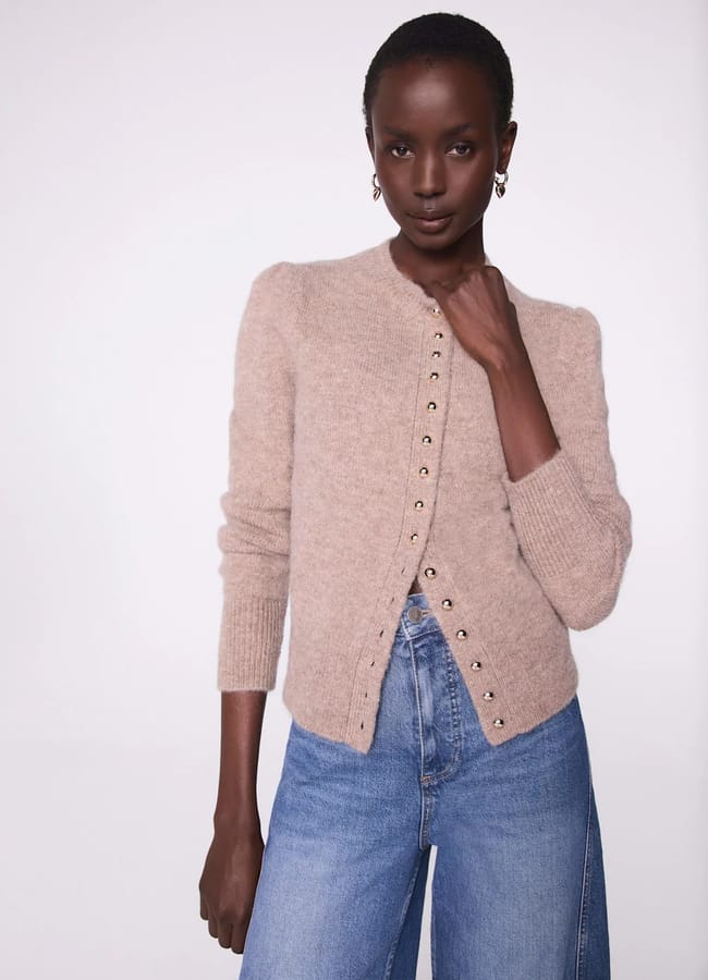 model wearing MV Neutral Wool Blend Cardigan and jeans