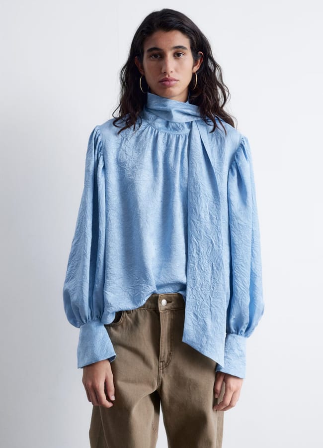model wearing blue & Other Stories Bow-Collar Blouse