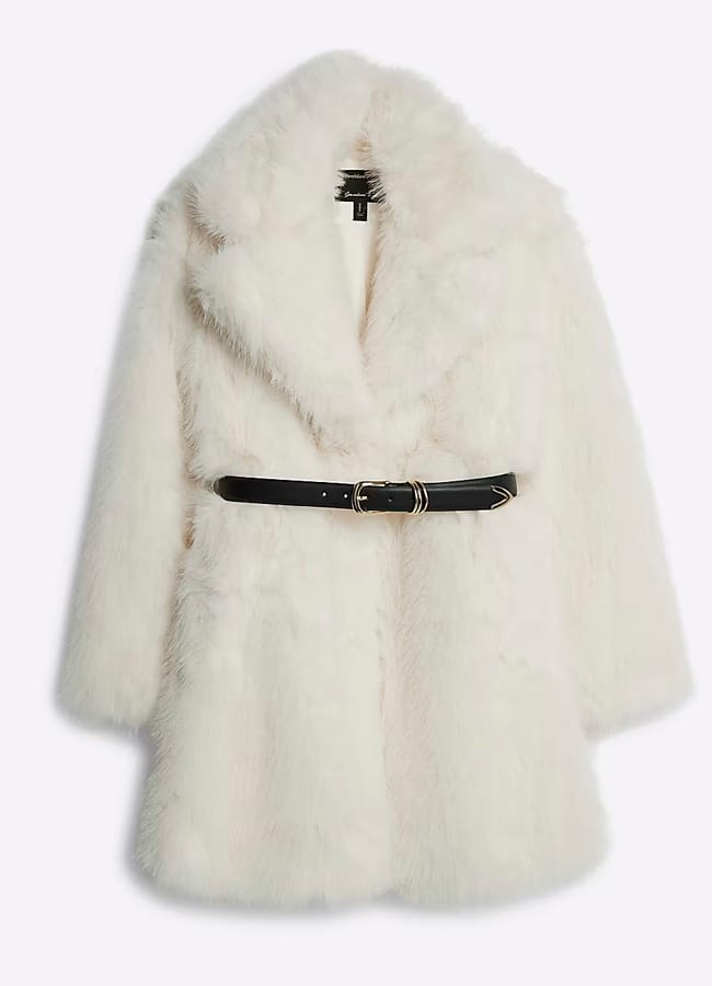 white RI Cream Faux Fur Belted Mid Length Coat