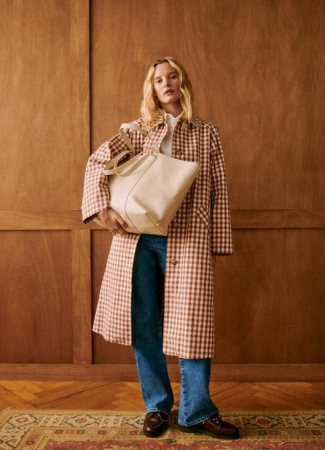 model wearing Sézane Clyde Coat Brown Gingham/ Ecru
