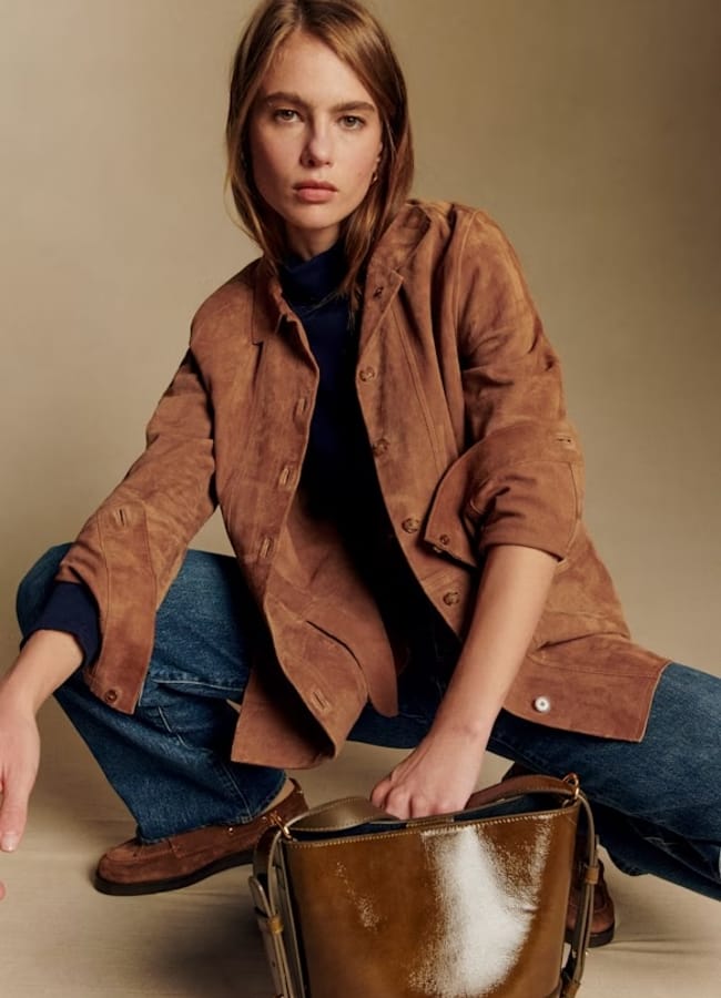 model wearing Sézane Will Jacket Camel Suede
