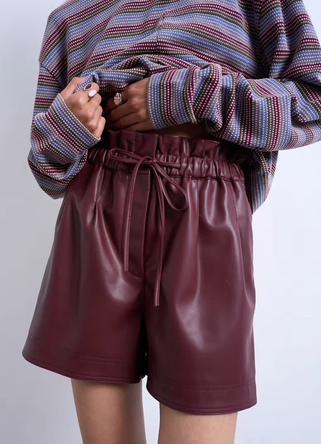 burgundy topshop faux leather paper bag shorts