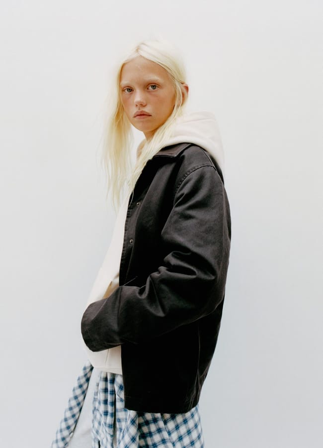 girl wearing WAXED JACKET WITH LEATHER EFFECT COLLAR