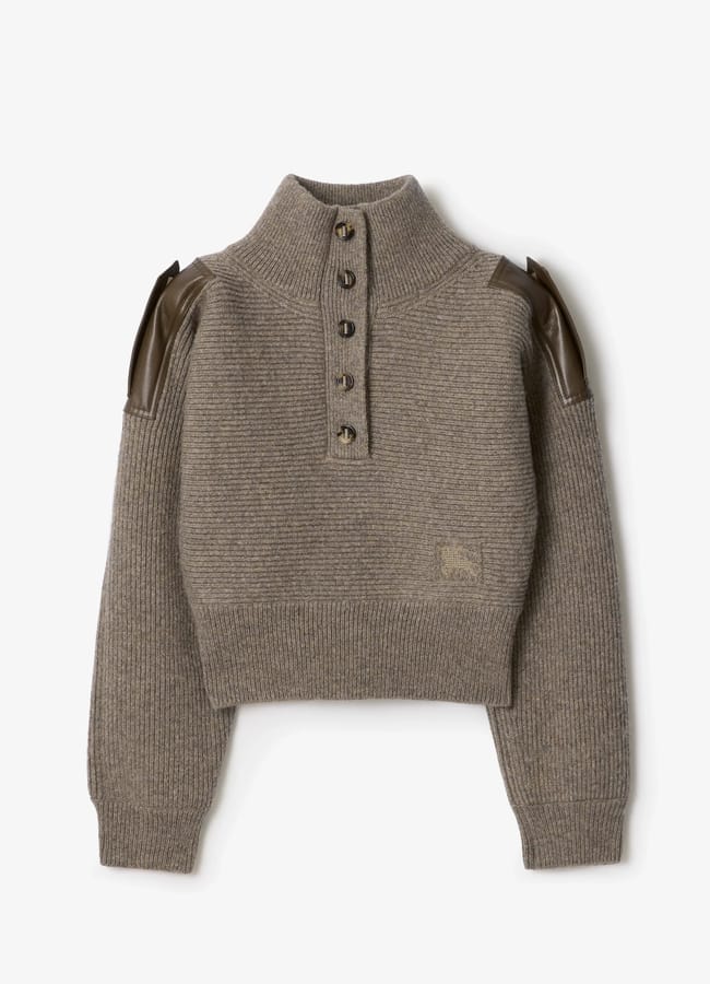 wool half button sweater in grey/brown