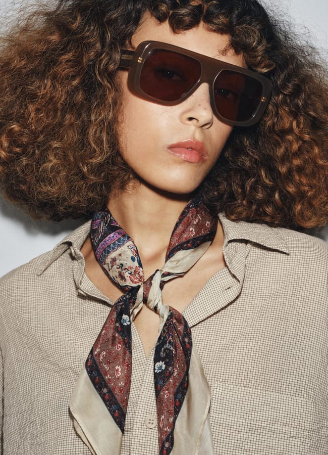 model wearing printed scarf