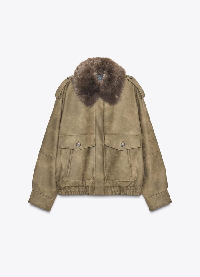 Zr REMOVABLE COLLAR FAUX SUEDE JACKET in olive
