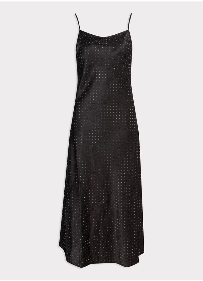Black Satin Diamante Embellished Midi Slip Dress