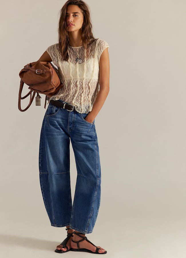 model wearing barrel leg jeans