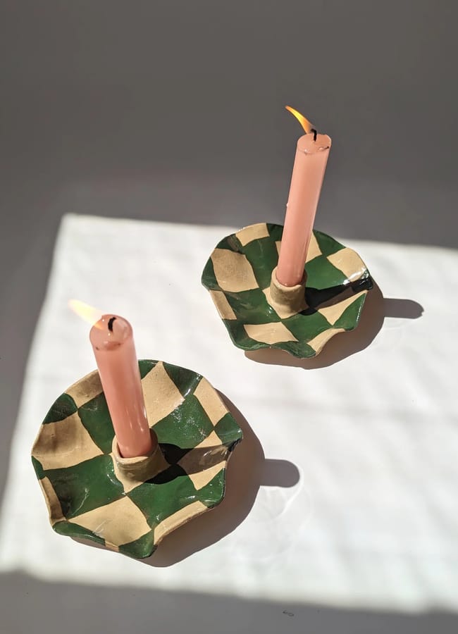 Green Check Scalloped Candle Holders